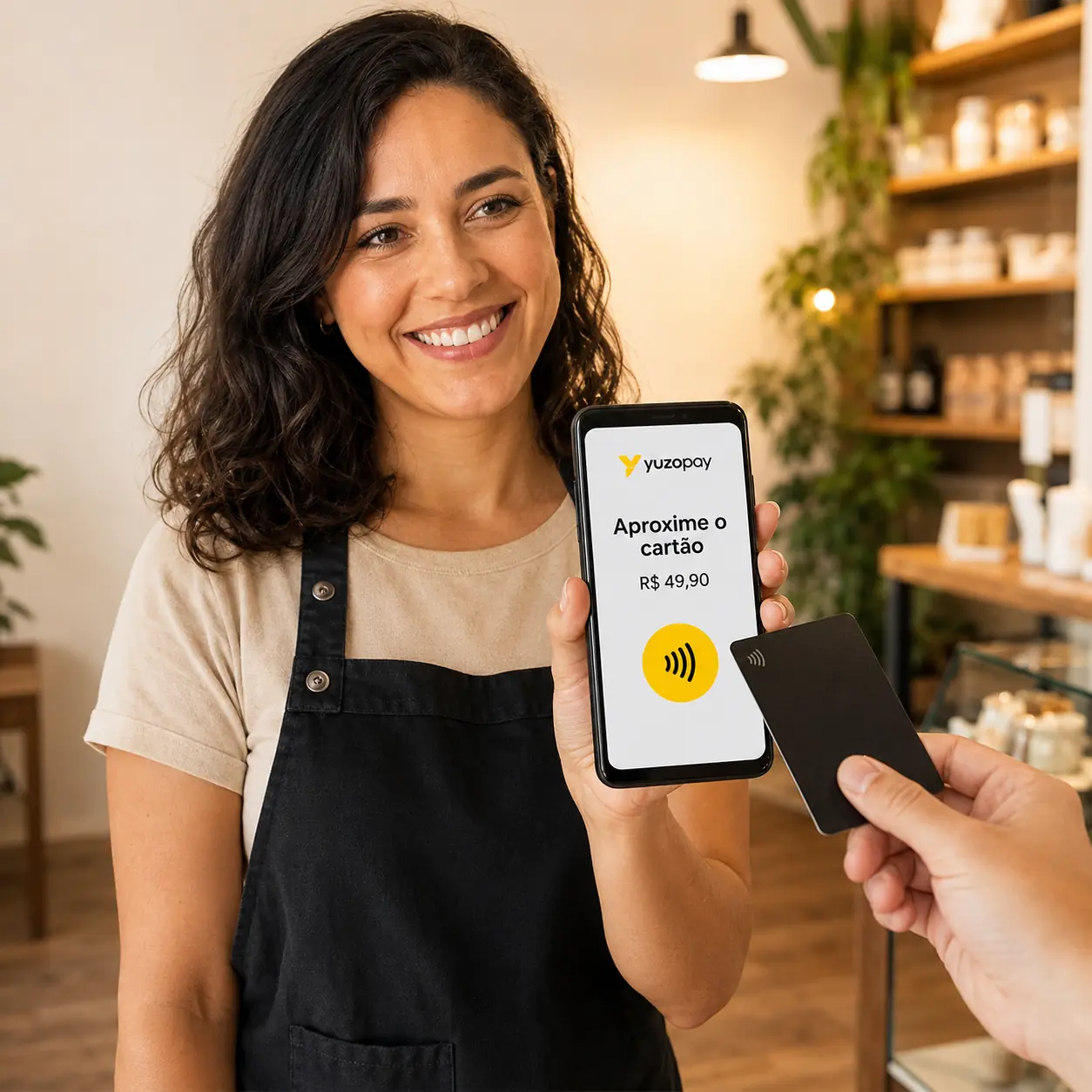 Cliente pagando por aproximação em um celular com Tap Yuzo