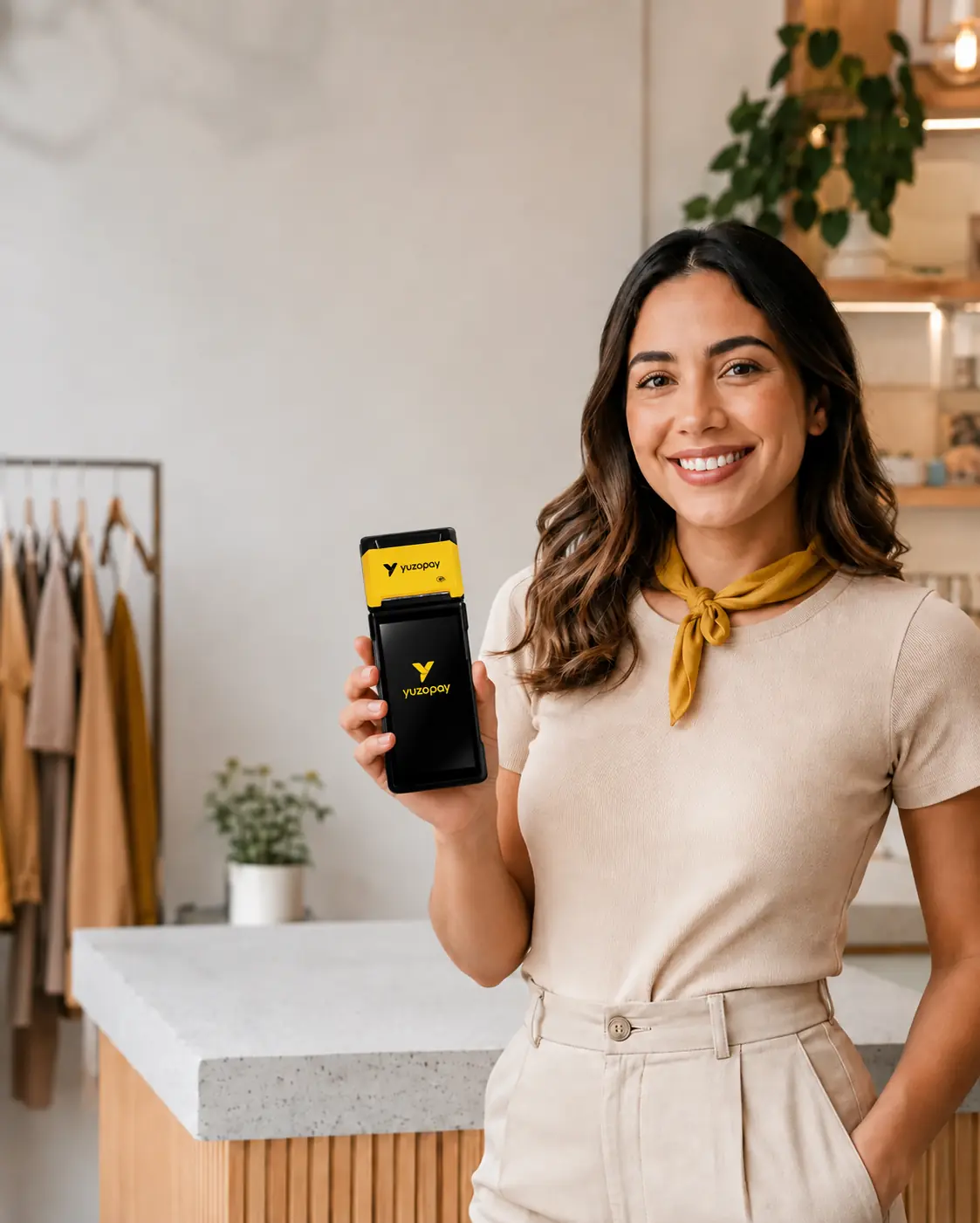 Empreendedora usando uma maquininha YuzoPay